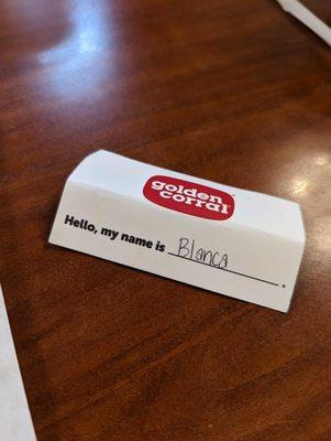 Our server's card. Please remember to tip your Golden Corral servers.