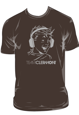 Team Clermont music PR brown t-shirt with headphone kid logo.  Design by Nelson Wells, Athens, GA