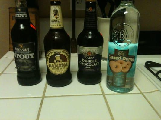 My haul: Belhaven Scottish Stout, Banana Bread Beer, Young's Double Chocolate Stout, and Glazed Donut flavored 460 Vodka