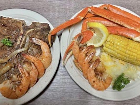 Juicy T-Bone steak and seafood platter