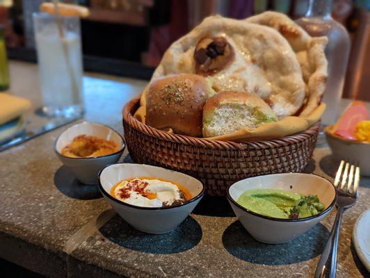 Another shot of the bread, this time with dips.  Playful take on peas and carrots, with some perfectly executed labne as well.