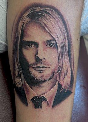 Kurt Cobain portrait tattoo done by Mike Sizemore at Kill Em All Tattoo