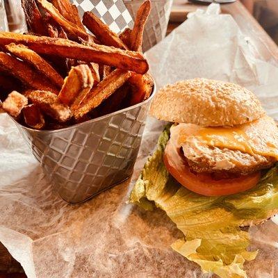 Fried Chickn Sandwich & Sweet potato fries