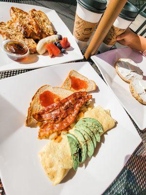 Scramble egg, french toast and everything bagel