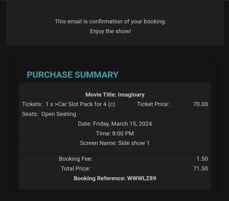 Ticket summary sent to my email