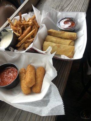 Old bay fries, cheesesteak spring rolls and mozzarella sticks