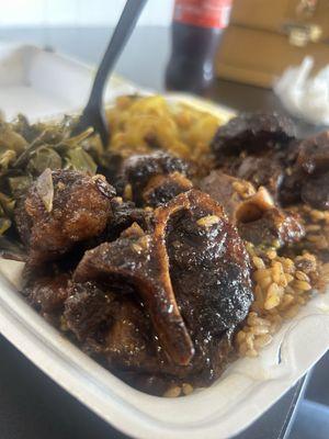 Oxtails greens and chick pea potatoes