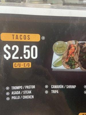 Tacos Menu