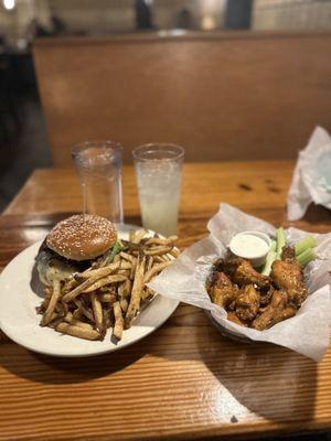 Goldie Burger with Hot Honey Mustard Wings