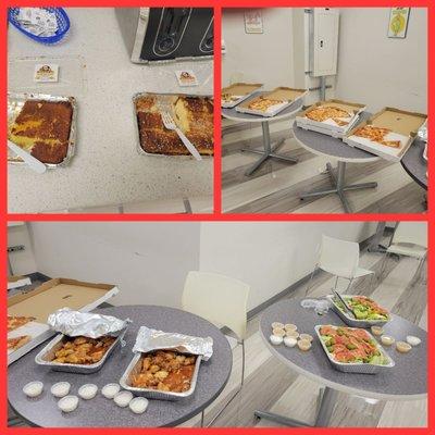 Cheese, pepperoni, veggie, and ham/pineapple pizza, Buffalo wings, and salad