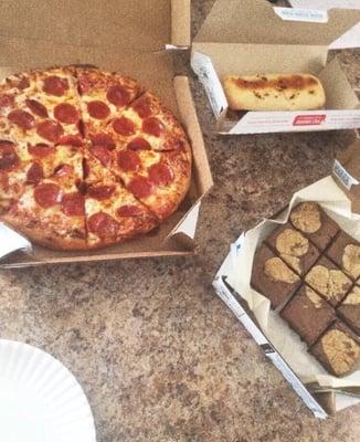 Pepperoni pizza, Mediterranean sand which, and the cookie brownies!!!