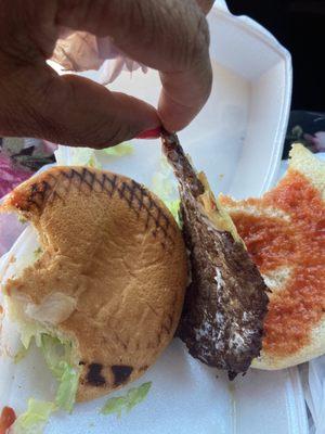 burnt hamburger bun and thin meat. very dry burger, all bread and that was burnt