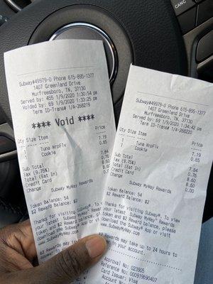 Voided receipt on the left and the updated one on the right.