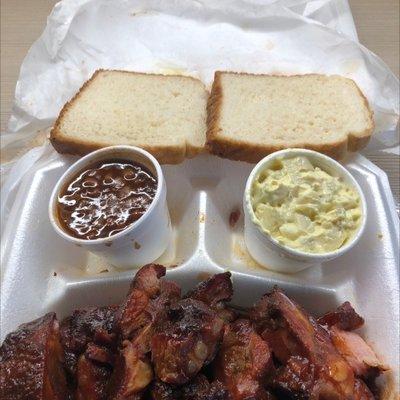 Rib tip dinner with Tater Salad, Poke&Beans.