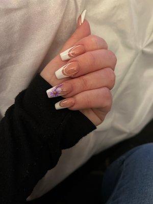 French tip with stripe and purple hibiscus flower