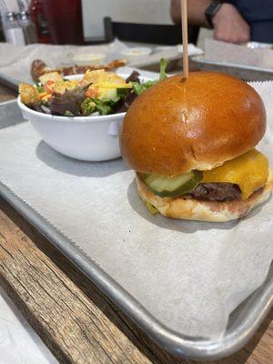 Build your own burger with cheddar and pickles - cooked perfectly!