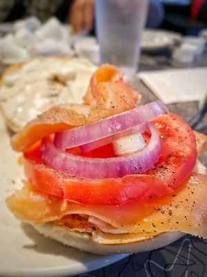 Bagel with Lox & Cream Cheese, Onions, Olives and Pepperoncinis