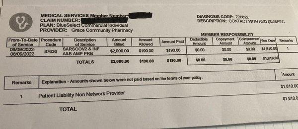 Statement from my insurance showing that this company tried to bill $2,000 for a test