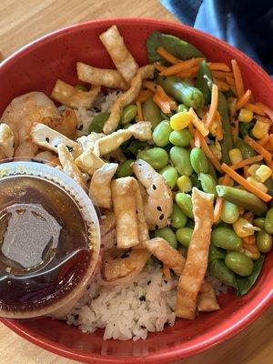 Shrimp bowl with selected veggies, and their pineapple teriyaki sauce.