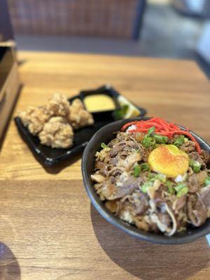 Gyudon w/egg and Chicken Karaage