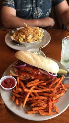 Mac and cheese and the Buffalo sandwich sub sweet potato fries!