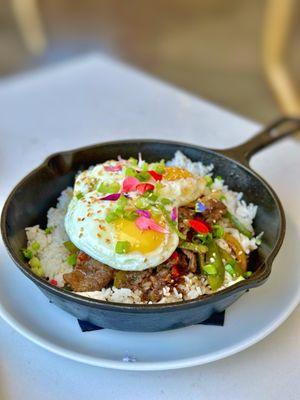 KOREAN BREAKFAST - Beef Bulgogi, two eggs, bell peppers, onions, steamed rice, scallions- 8/10