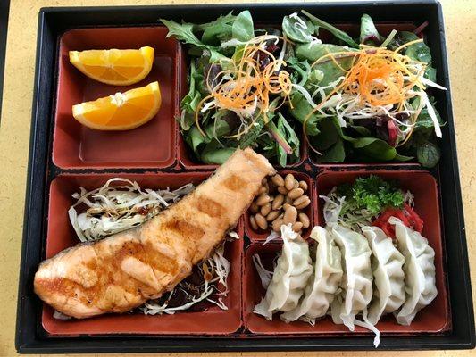 Salmon bento box w/ double salad and gyoza