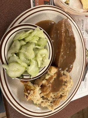 Traditional baked meatloaf with cucumber salad and dumpling bake (stuffing!)