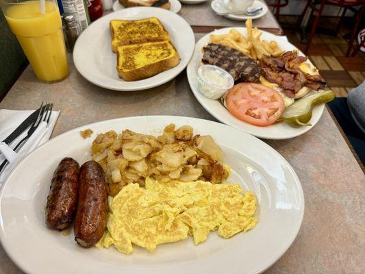 Scrambled eggs, sausage and home fries with a challah French toast. Cheeseburger deluxe