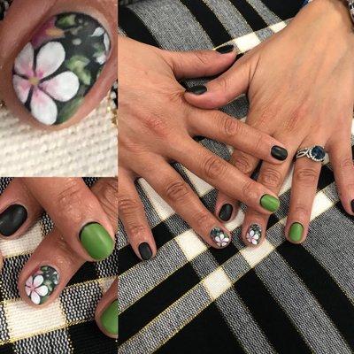 Spring nails... beautiful hand painted flowers and coordinating matte colors. Perfect!