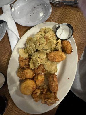 Sampler with poppers, fried pickles, and fried mushrooms