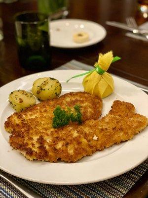 Wiener Schnitzel, Parsley Potatoes, Lingonberry Jam, Creamy Cucumber Dill Salad, Lemon