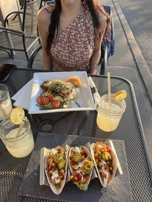 Shrimp tacos, salmon dinner and margaritas