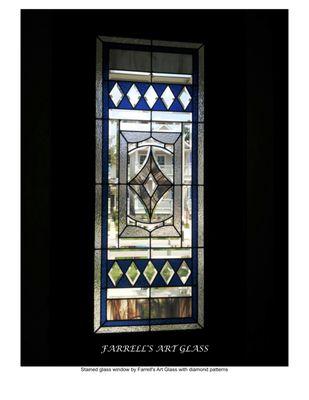 This window uses beveled clear glass, and cobalt-blue stained glass in diamond patterns.