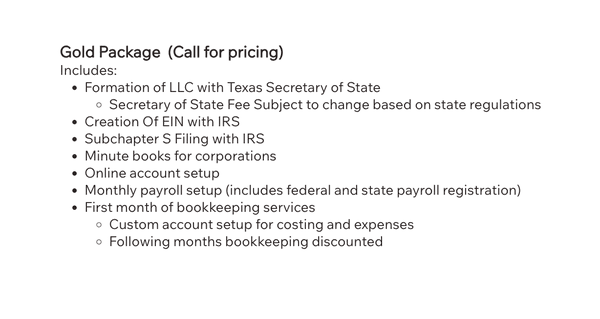 Our gold package! 
*Minute books for corporations 
*Online account setup
*Monthly payroll setup 
*First month of bookkeeping services