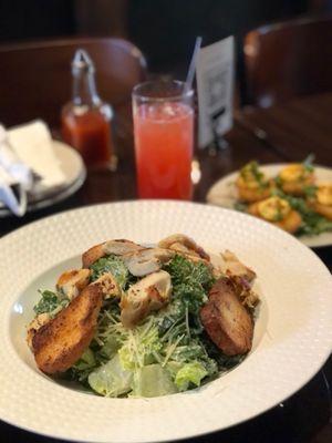 Kale Caesar Salad with chicken and rum punch