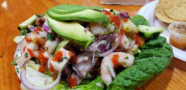 Ceviche mixto. It needed salt, and definitely add some hot sauce (they provide several options).