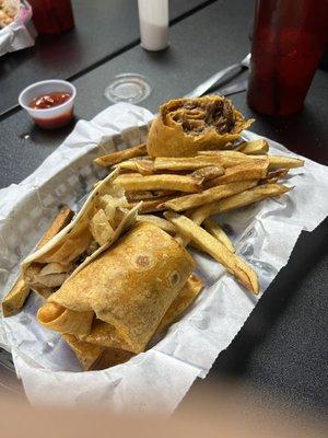 Steak wrap. Street taco and fries