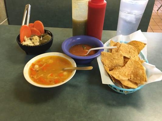 Chicken soup w chips and salsa