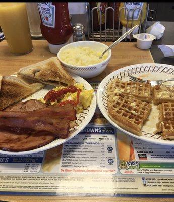 Ham, Bacon, Waffle, Grits and Eggs