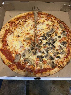 Half mushrooms half plain pizza