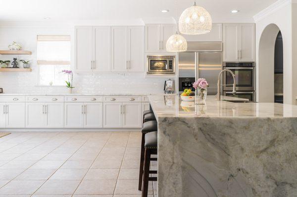 just remodeled Kitchen with waterfall  island countertop