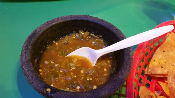 The green salsa, delicious, and spicy!