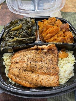 Grilled Salmon Collard Greens Candied Yams Rice