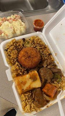 $10.99 for Stew Beef with yellow rice. Potato Salad  $3. Potato Ball $2