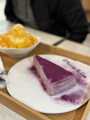 Ube mille crepe cake, mango shaved ice