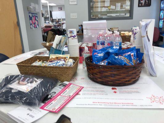 Snack table! T-shirts and Dunkin Donuts coupons for every person who donates!