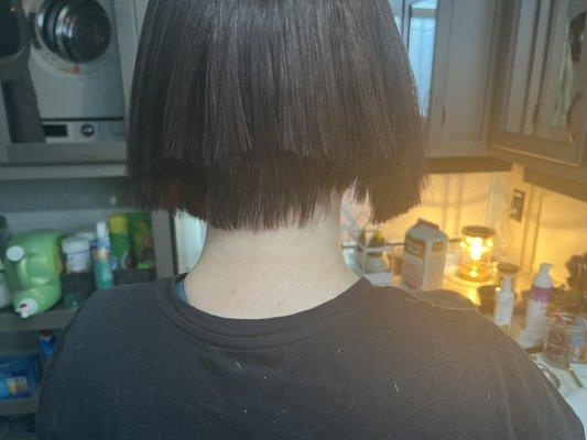 When you ask for an A-line hair cut and you get this. I want them to fix it and my money back this is bullshit. They cut 5+ inches off!