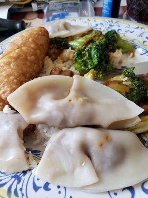 Gyoza, beef and broccoli, egg roll.