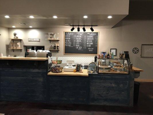 Our coffee bar area to look over the menu, talk to staff, and order your coffee and baked goods.